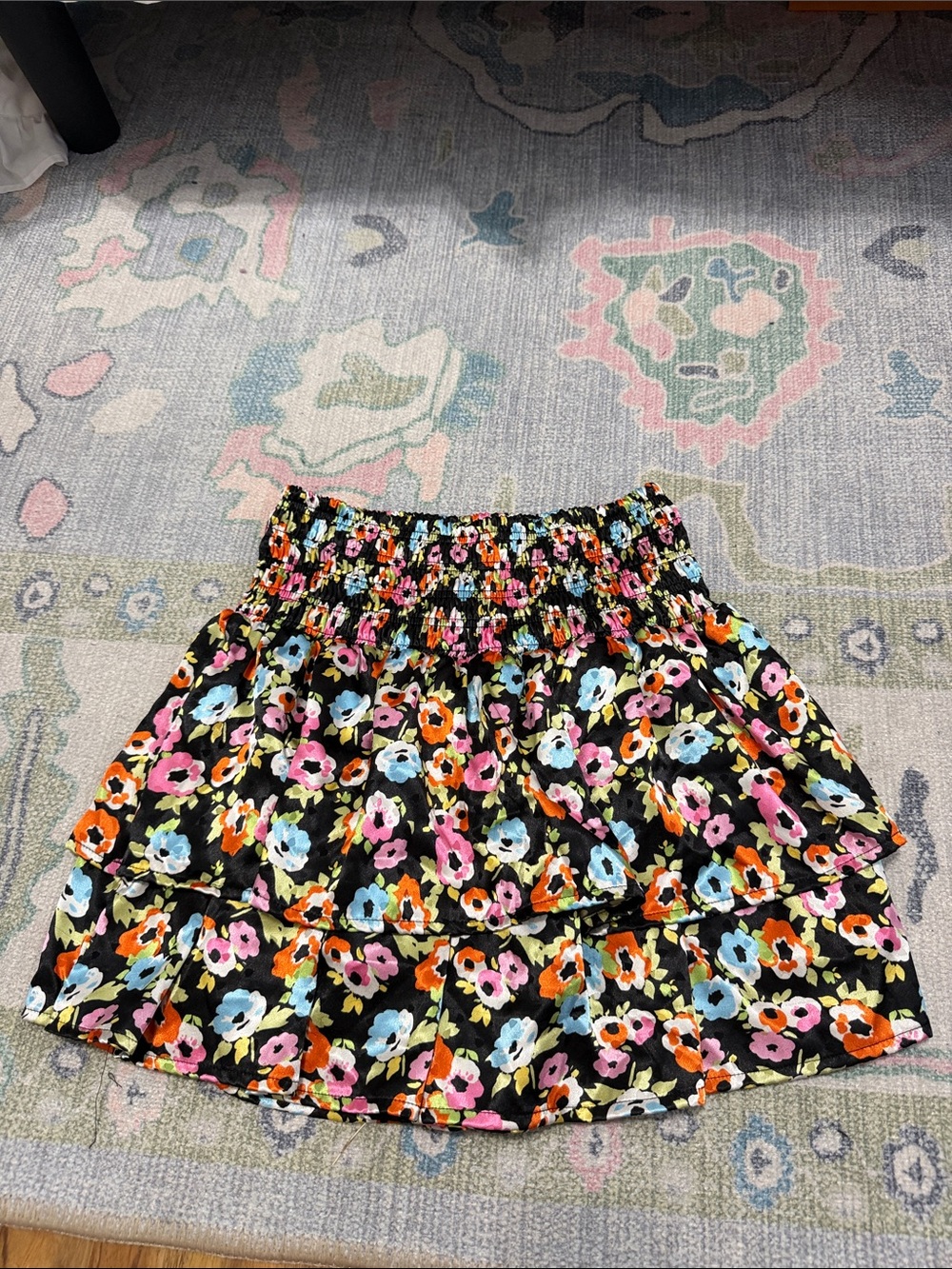 Black Floral Tiered Smocked Waist Skirt